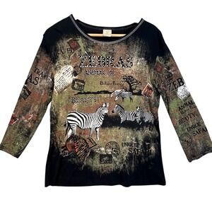 Jess & Jane Zebra Safari Animal‎ Print Graphic Top 100% Cotton USA Medium